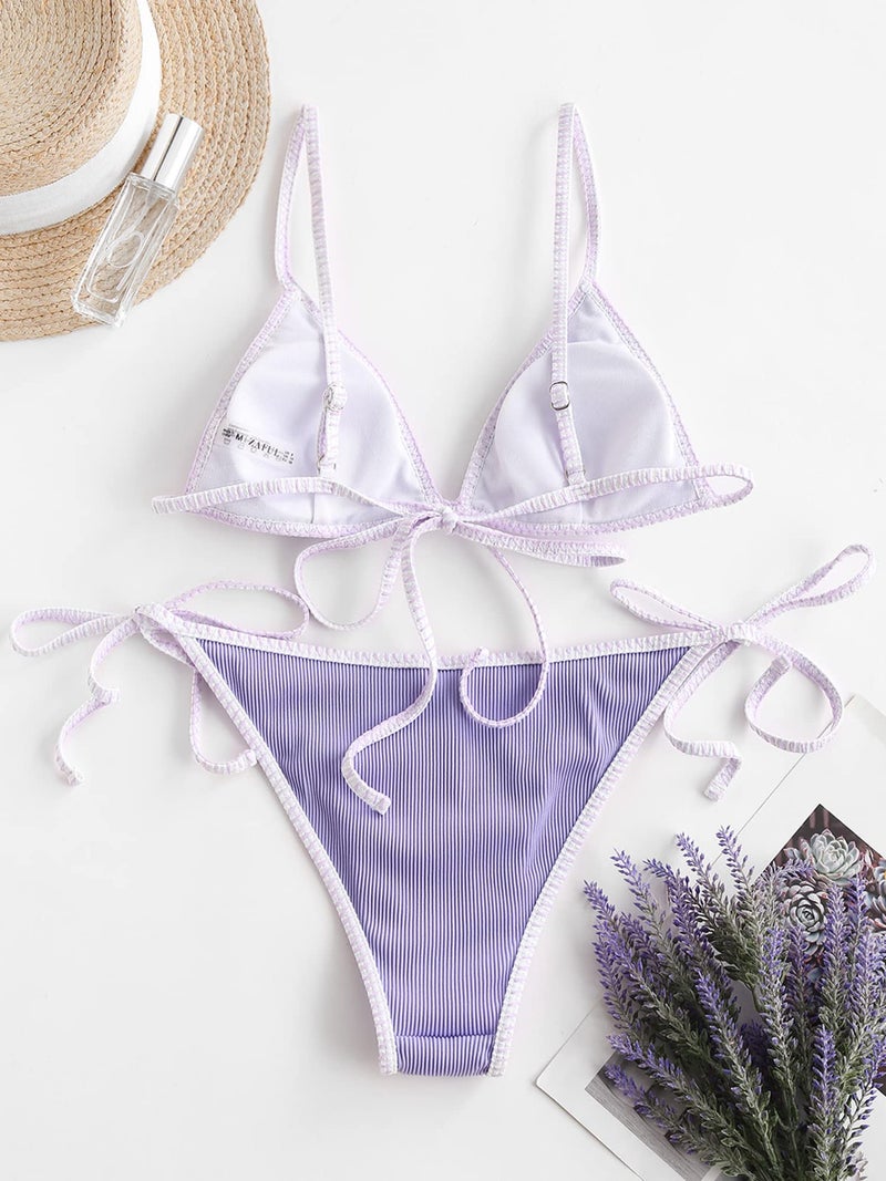 ZAFUL Women's Triangle Bikini Tie Side Whip Stitch String Bikini Two Piece Swimsuit Bathing Suits (3-Mauve, M) - Image 3
